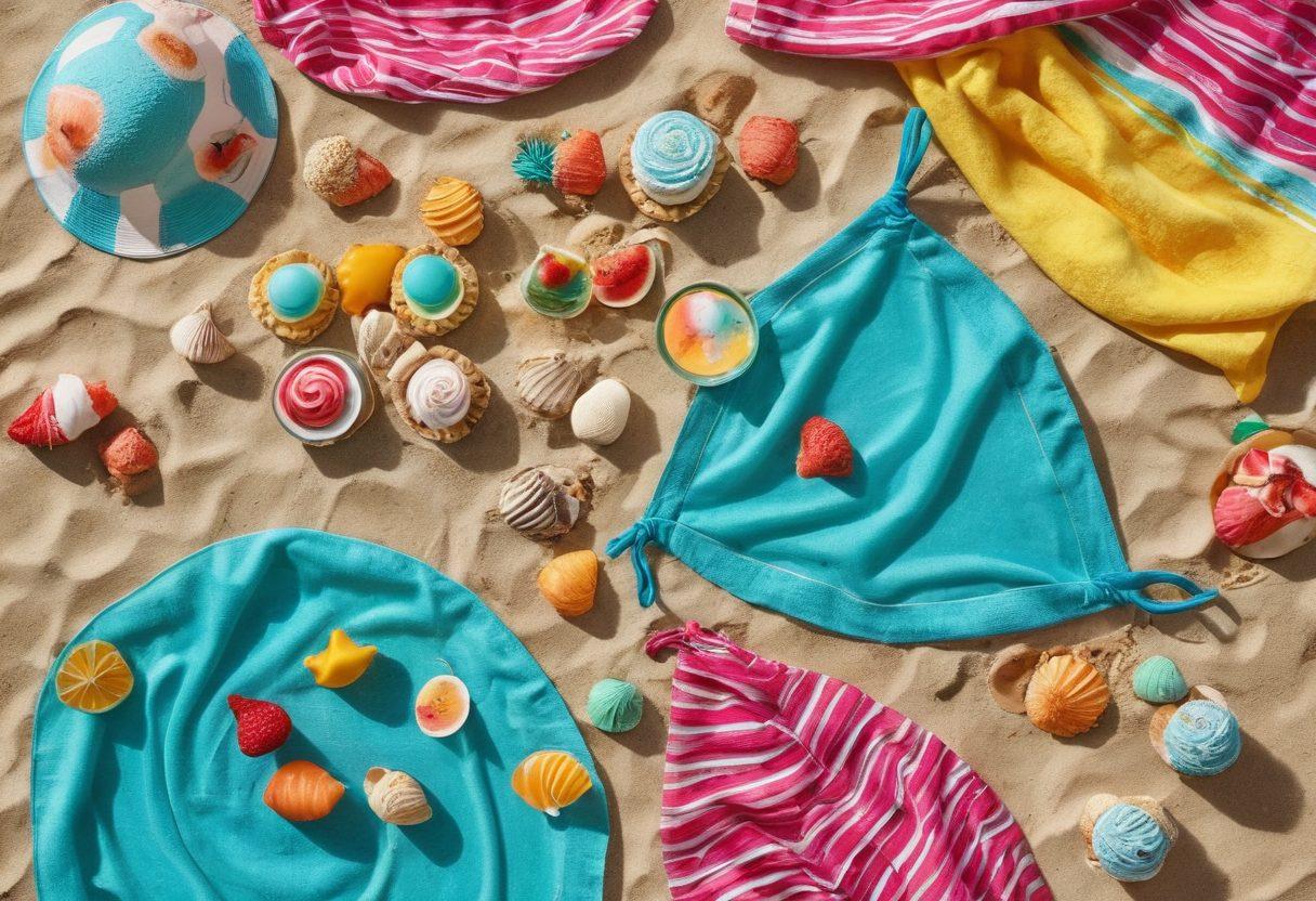 A colorful summer beach scene featuring an array of mouthwatering desserts creatively arranged around stylish bikinis. The desserts should include vibrant cakes, ice creams, and tropical fruits, while the bikinis showcase trendy patterns and colors. Sunlight shines down, casting playful shadows, and adding a warm, inviting vibe. Include elements like seashells and beach towels for added authenticity. lively and playful. vivid colors. 3D.