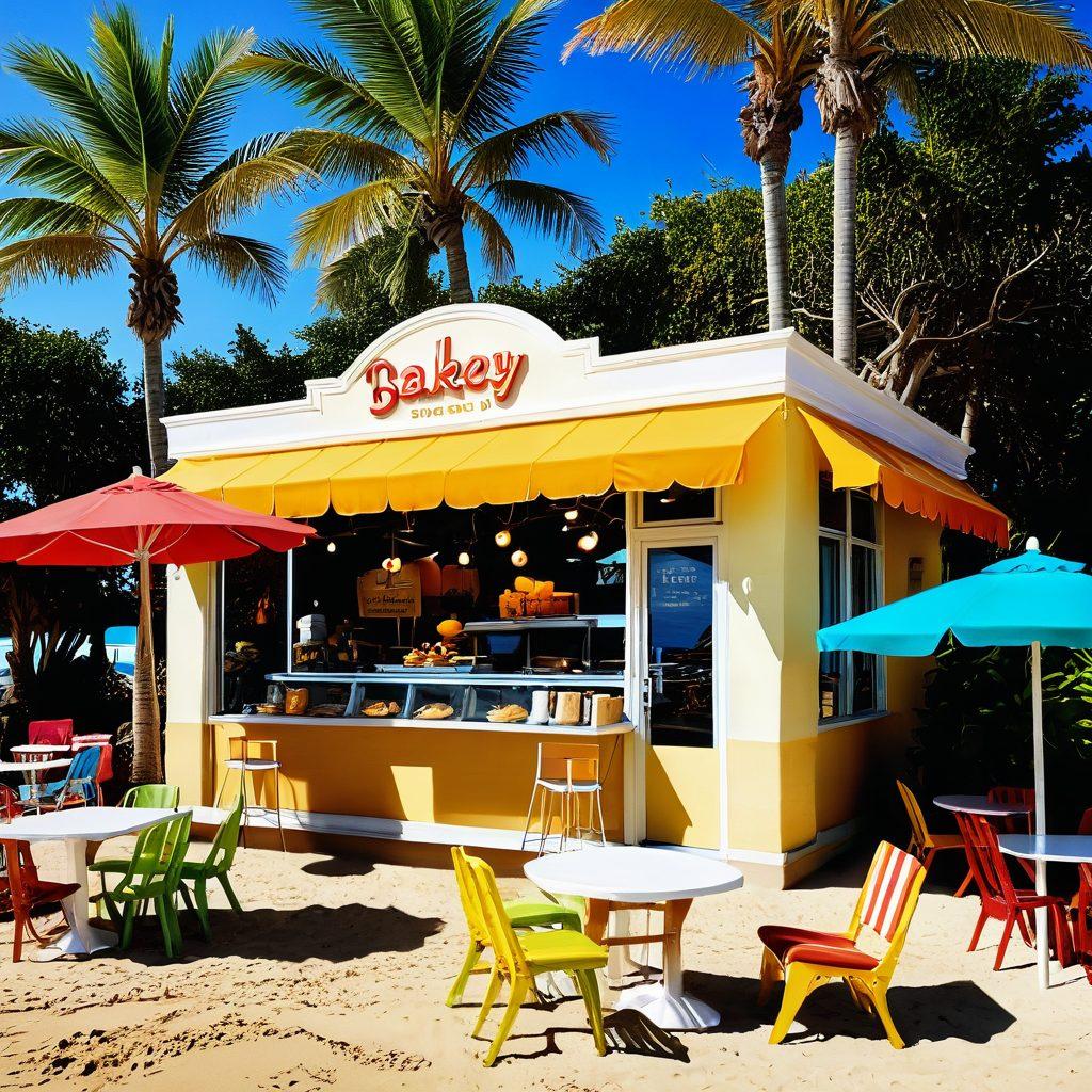 A vibrant beach scene with a sandy shore, featuring a whimsical bakery setup adorned with tropical decor. Include mouthwatering pastries shaped like seashells and surfboards, a colorful beach umbrella, and splashing waves in the background. Depict people enjoying the sun while savoring the delicious treats, creating a fusion of culinary art and beach lifestyle. bright colors. super-realistic. tropical theme.